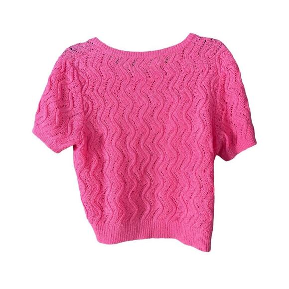 Title: Vintage Pink Knit Cardigan – Wavy Open-Knit Button-Up Retro Sweater - Picture 2 of 6